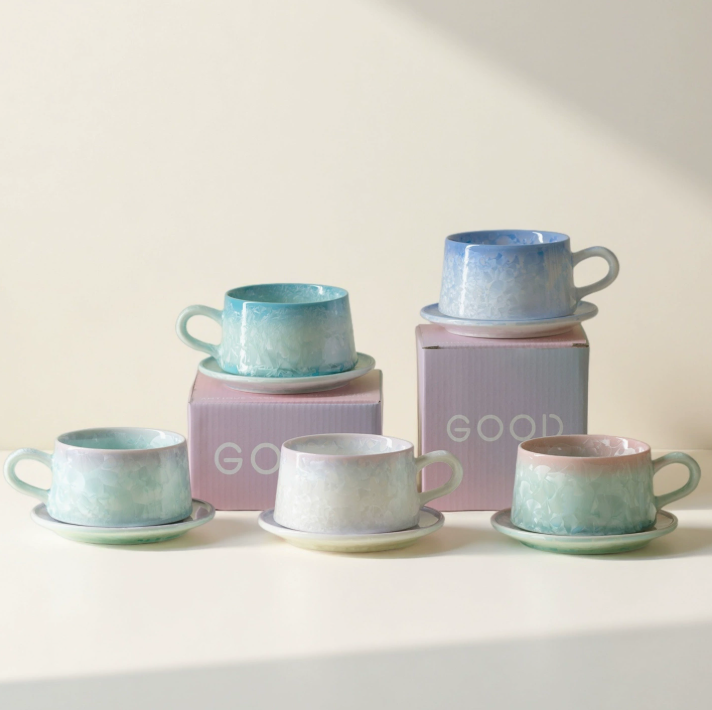 Кавова чашка «Crystal Glaze» з блюдцем та ложкою, подарунковий набір у скандинавському стилі