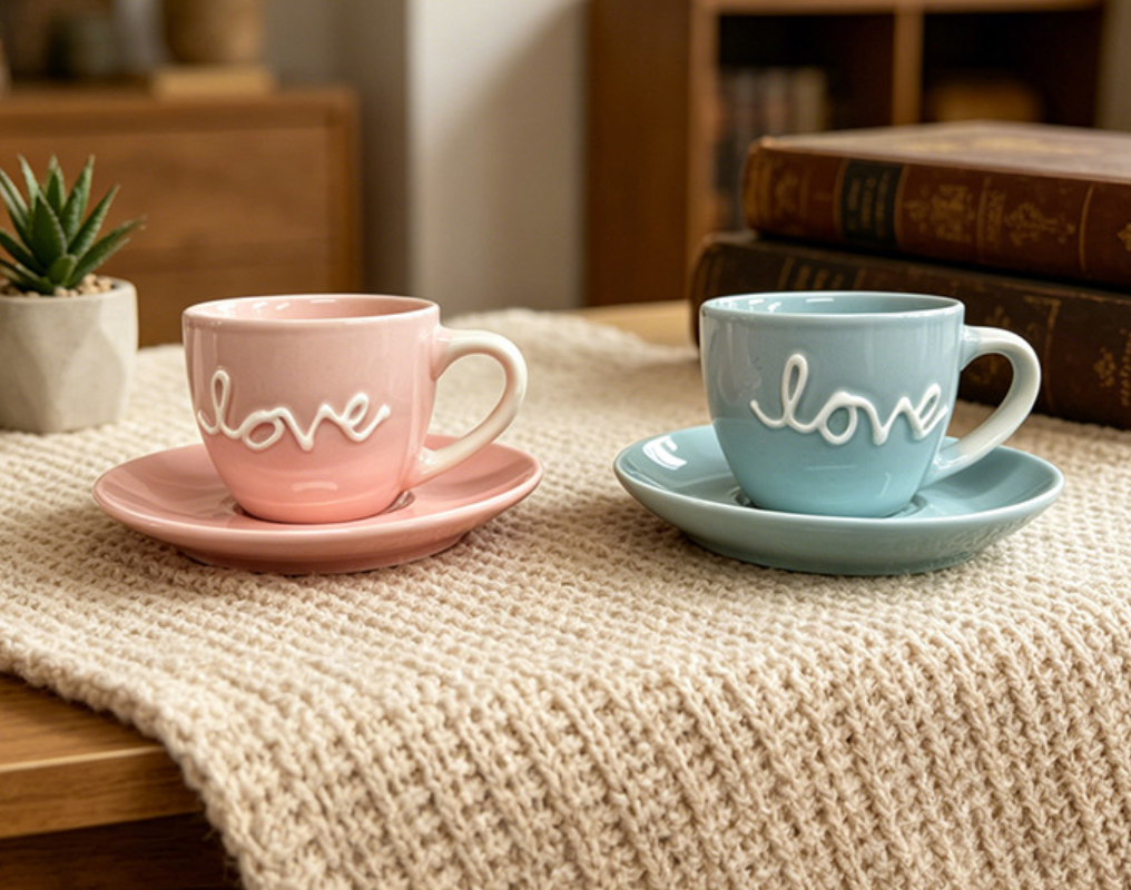 Набір керамічних кавових чашок із блюдцем “Love”, 100 мл