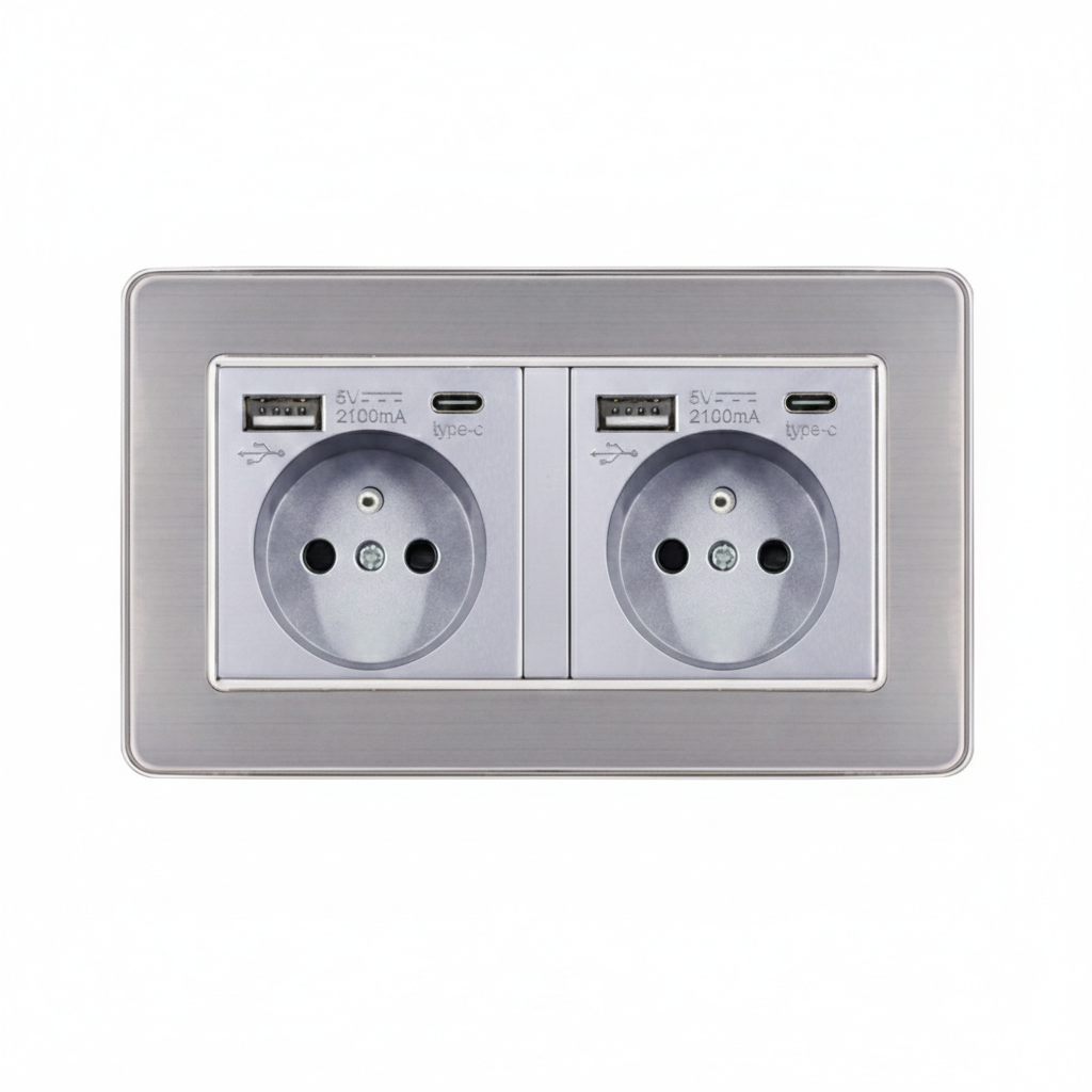 Розетка подвійна з двома USB-A + два порти Type-C EIOMR, сіра матова, європейський стандарт, 16A