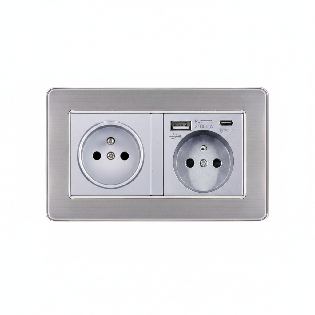 Розетка подвійна з USB-A + Type-C EIOMR, сіра матова, європейський стандарт, 16A