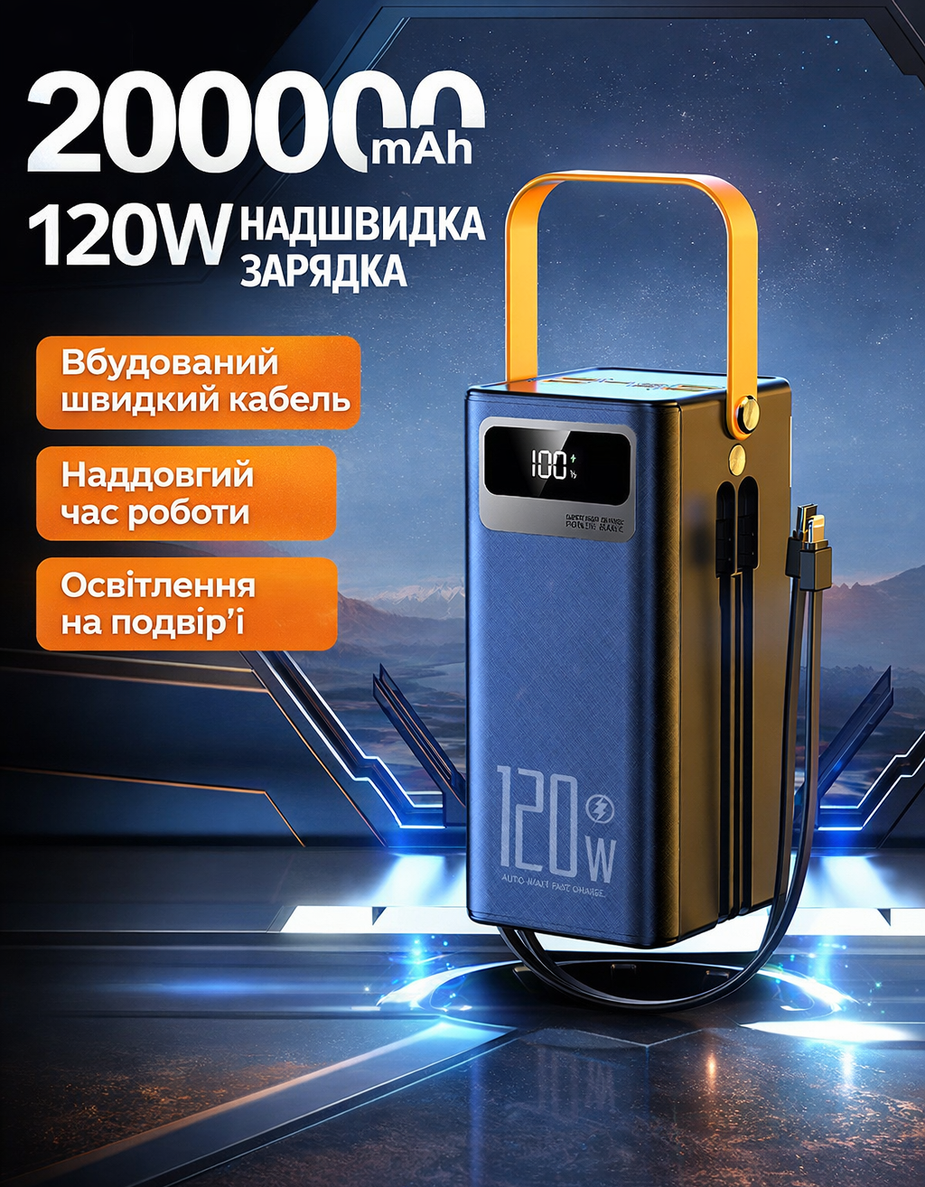Портативний зарядний пристрій (павербанк) з функцією швидкої зарядки потужністю 120 Вт. Ємність: 200 000 мА·год