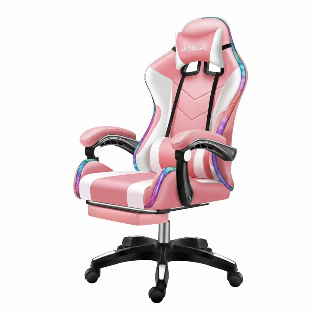 Кіберспортивний ігровий стілець Bani G03 Рожево-білий + підніжка + різнокольорові вогні + аудіо
