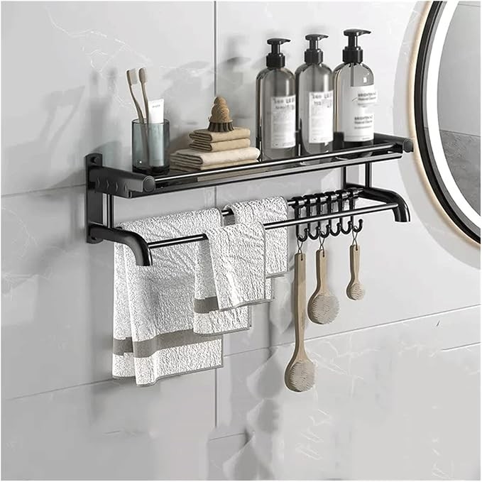 Настінна полиця для ванної з тримачем для рушників та гачками 40–80 см, чорна