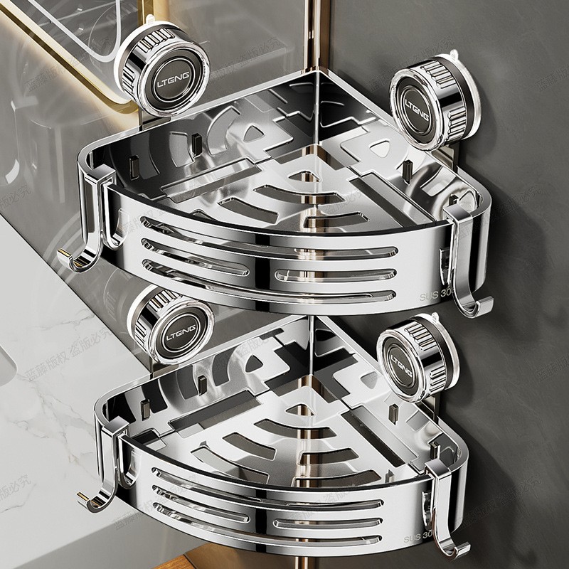 Багаторівнева кутова полиця для ванної на вакуумних присосках, хромована