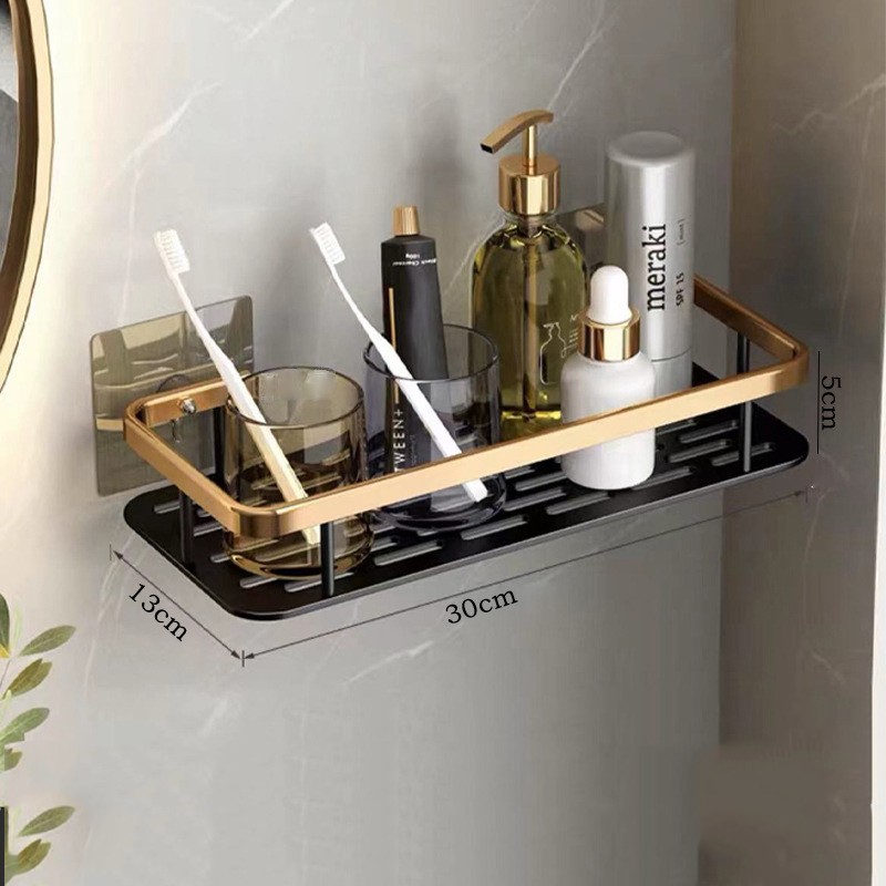 Настінна одноярусна алюмінієва полиця для ванної кімнати 30×13×5,5 см, самоклеюча, без свердління, прямокутна, мінімалістична