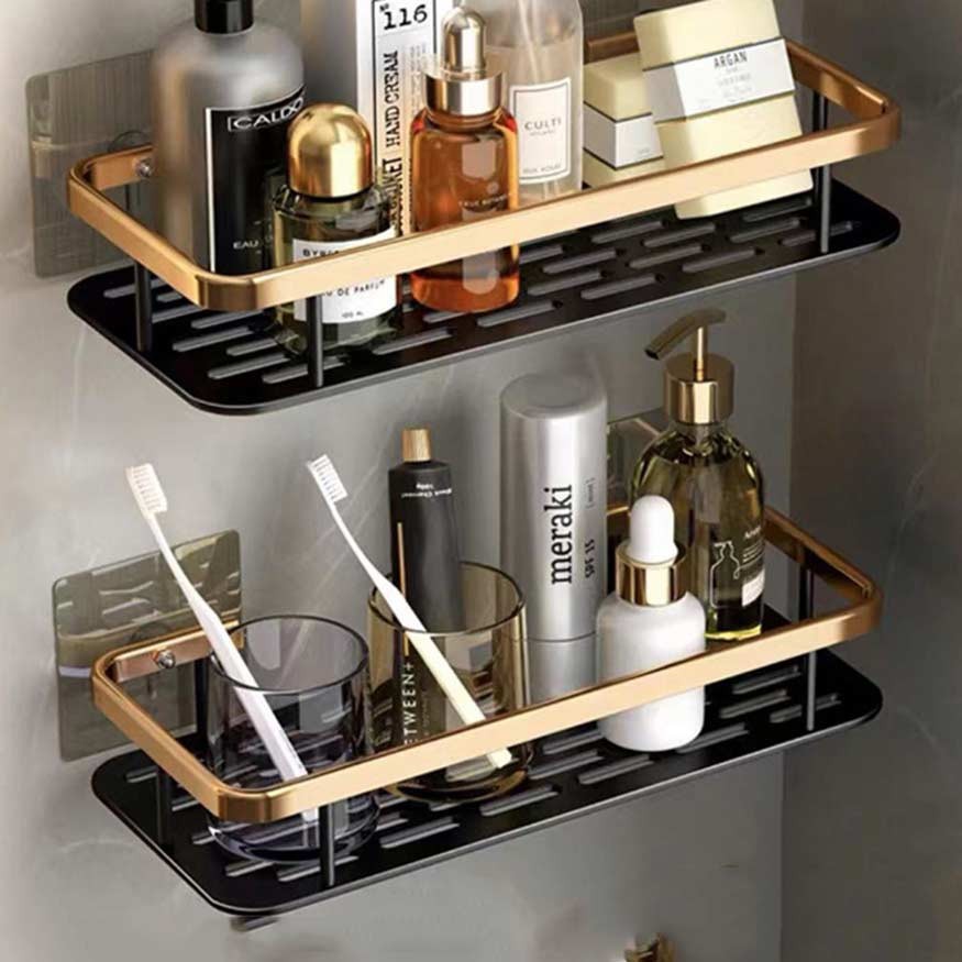 Настінна двоярусна алюмінієва полиця для ванної кімнати 30×13×5,5 см із самоклеючим кріпленням без свердління (чорна / срібляста)