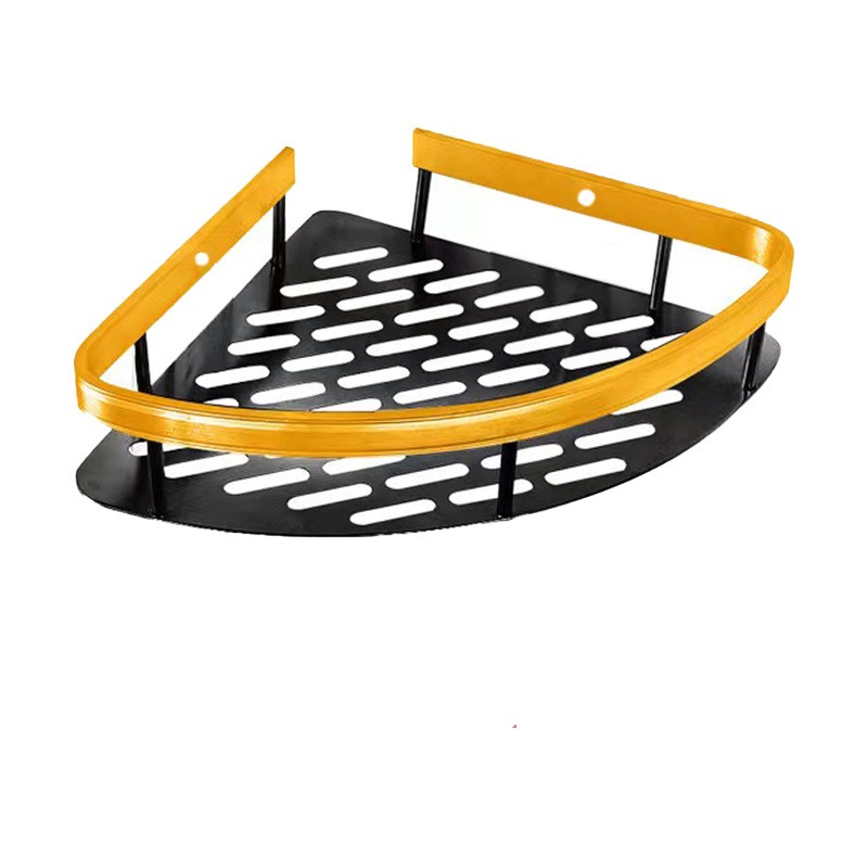 Кутова полиця для душу алюмінієва без свердління з самоклеючим кріпленням 28,5×22×5,5 см чорна/золота/срібляста