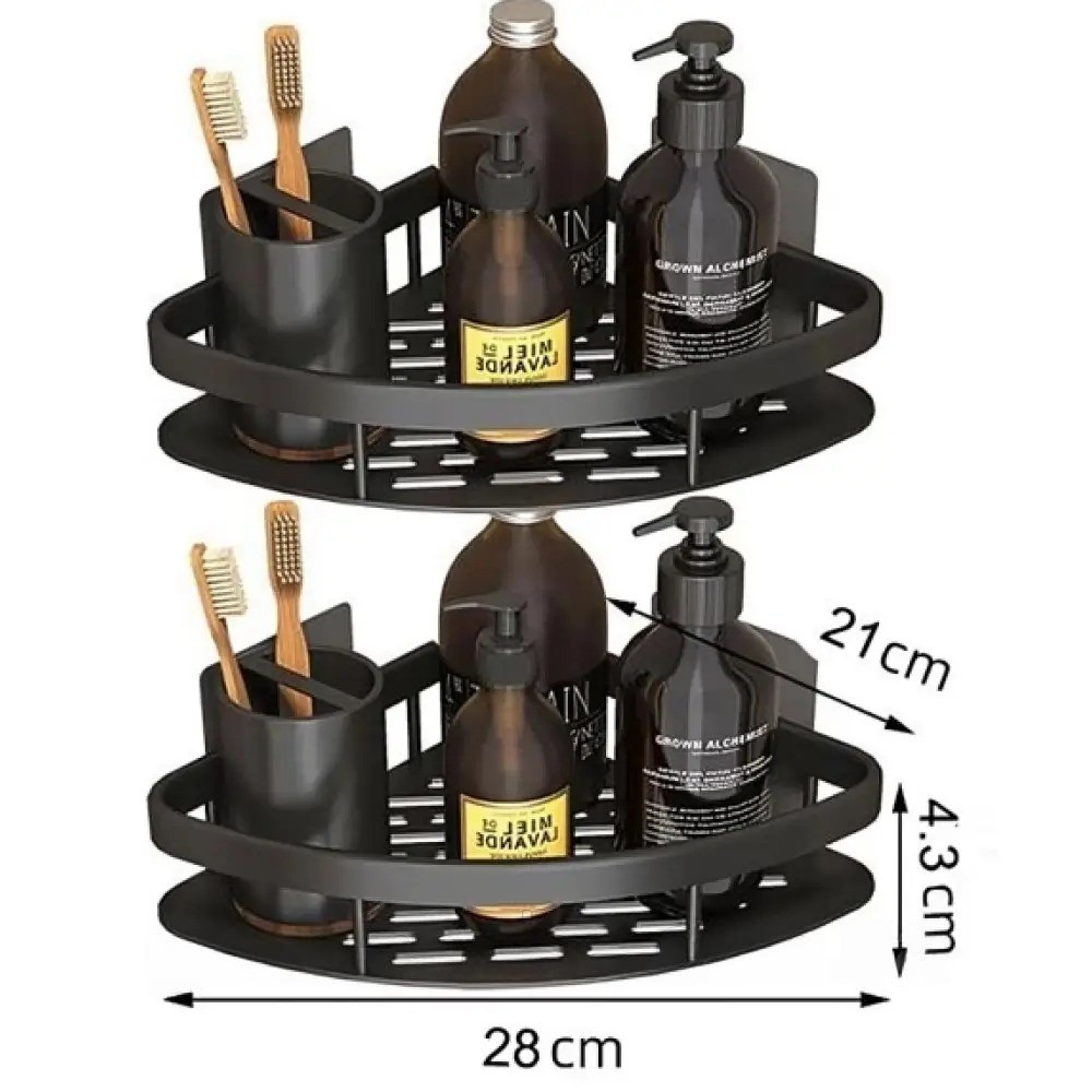 Кутова полиця для ванної 2 яруси алюмінієва без свердління 28×22×5,5 см чорна/срібляста/чорно-золота
