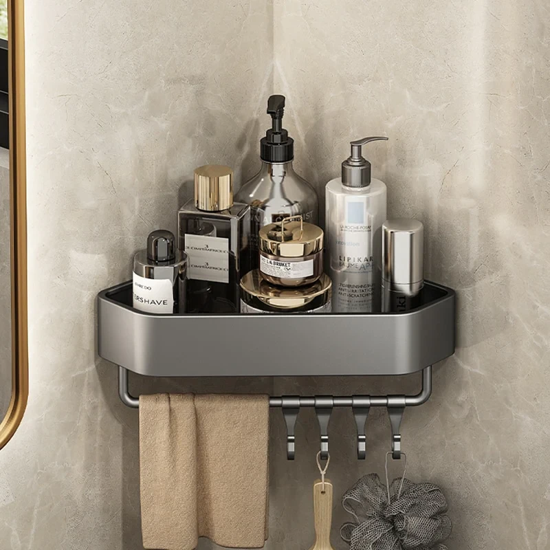 Кутова полиця для ванної одноярусна алюмінієва без свердління, настінна трикутна, з гачками або без, 23,5 см