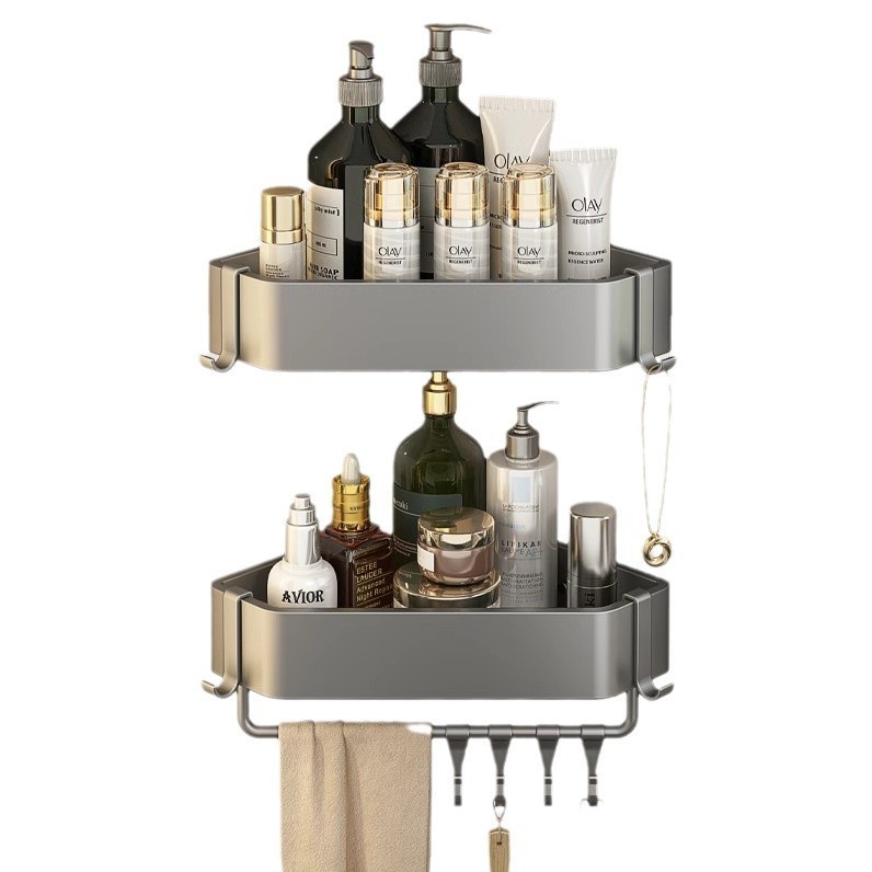 Кутова полиця для ванної 2 яруси алюмінієва без свердління, настінна трикутна, з гачками або без, 23.5 см