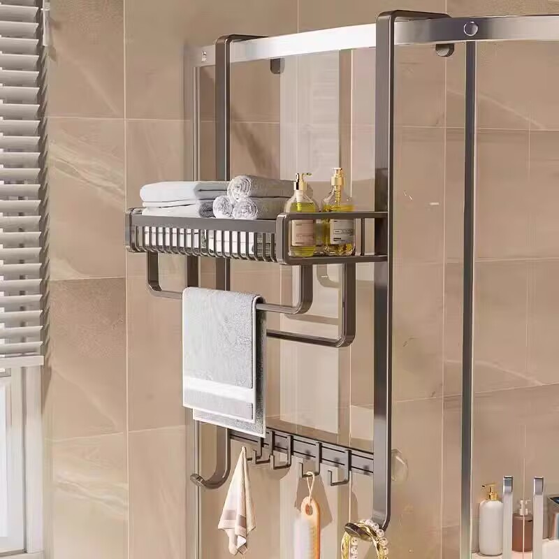 Навісна полиця на душову кабіну шириною 40/50/30 см з корзиною, штангою та гачками, алюмінієвий сплав