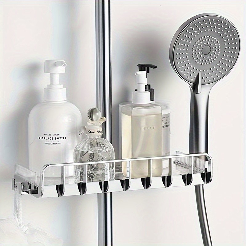 Полиця для душової стійки MENGNI 32×13,5×6 см з гачками, регульована, для труби 1.8–2.8 см, ABS+PET, сіра / срібляста