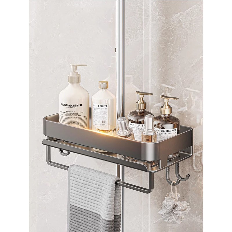 Полиця на душову стійку з тримачем для рушника та гачками 29.5×11×6 см, алюмінієвий сплав, регульована, без свердління (біла / сірий)