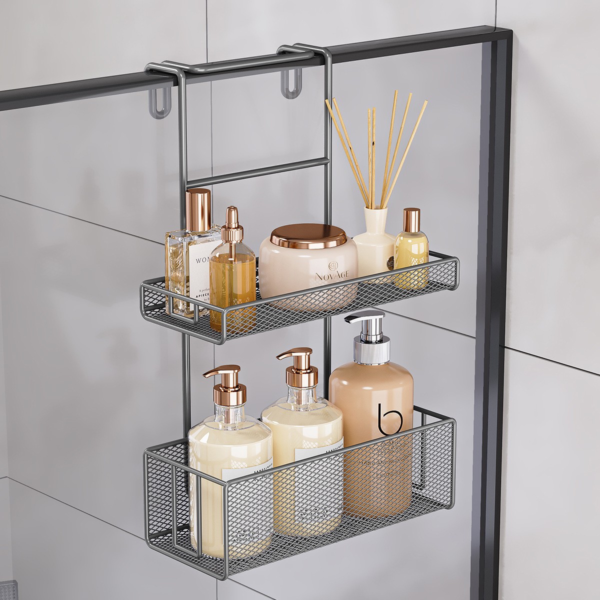 Підвісна 2-ярусна металева полиця Solno 7134 для ванної кімнати, 52×24×11,5 см, без свердління