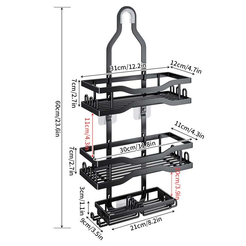 Полиця для ванної кімнати 3-ярусна настінна металева, органайзер для душу без свердління, вуглецева сталь