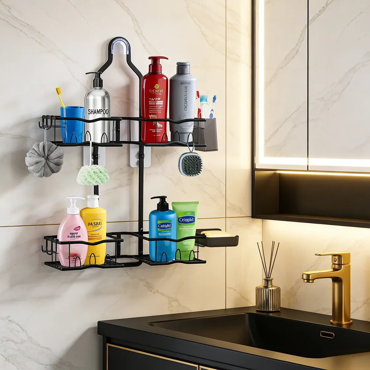 Трирівнева підвісна полиця для ванної кімнати на душову штангу, металева, чорна, з гачками та мильницею