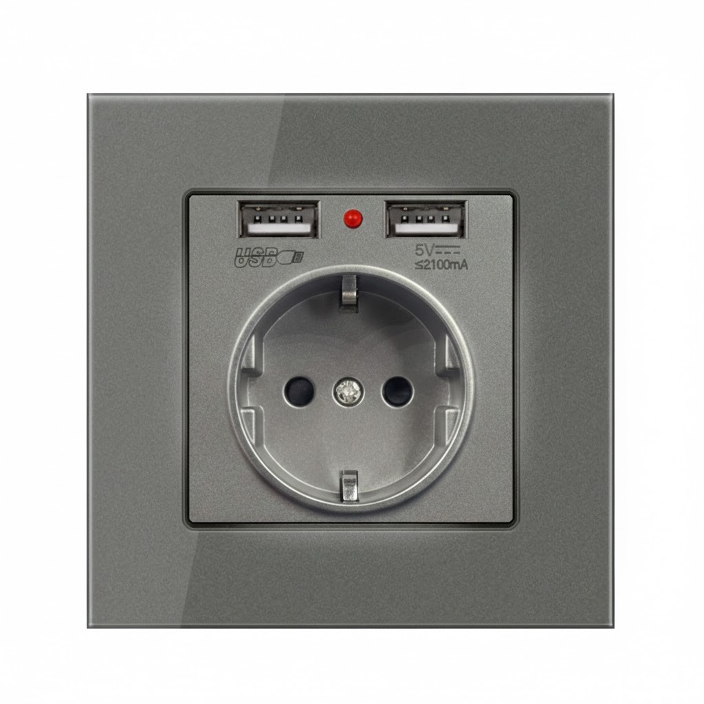 Розетка з двома портами USB EIOMR, темно сіра матова, європейський стандарт, 16A