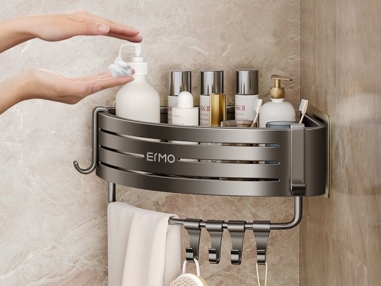 Кутова полиця для ванної ERMO з гачками, алюмінієва, настінна, без свердління, 30,5×22,5×6,5 см