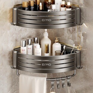 Кутова полиця для ванної ERMO 2 яруси з гачками, алюмінієва, настінна, без свердління, 30,5×22,5×6,5 см