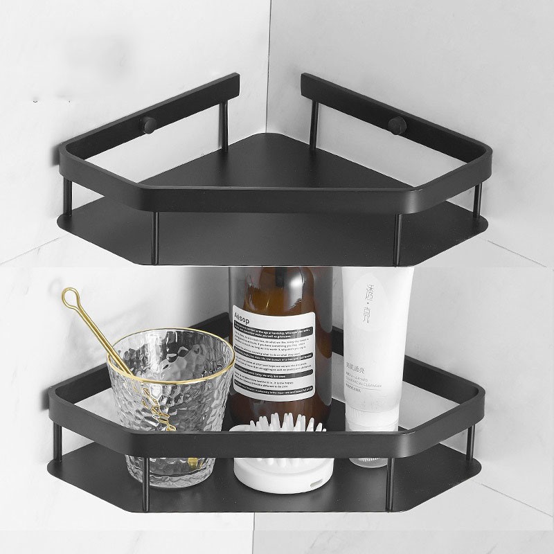 Кутова полиця для ванної з латуні та нержавіючої сталі 23×23×6 см, настінна, двоярусна