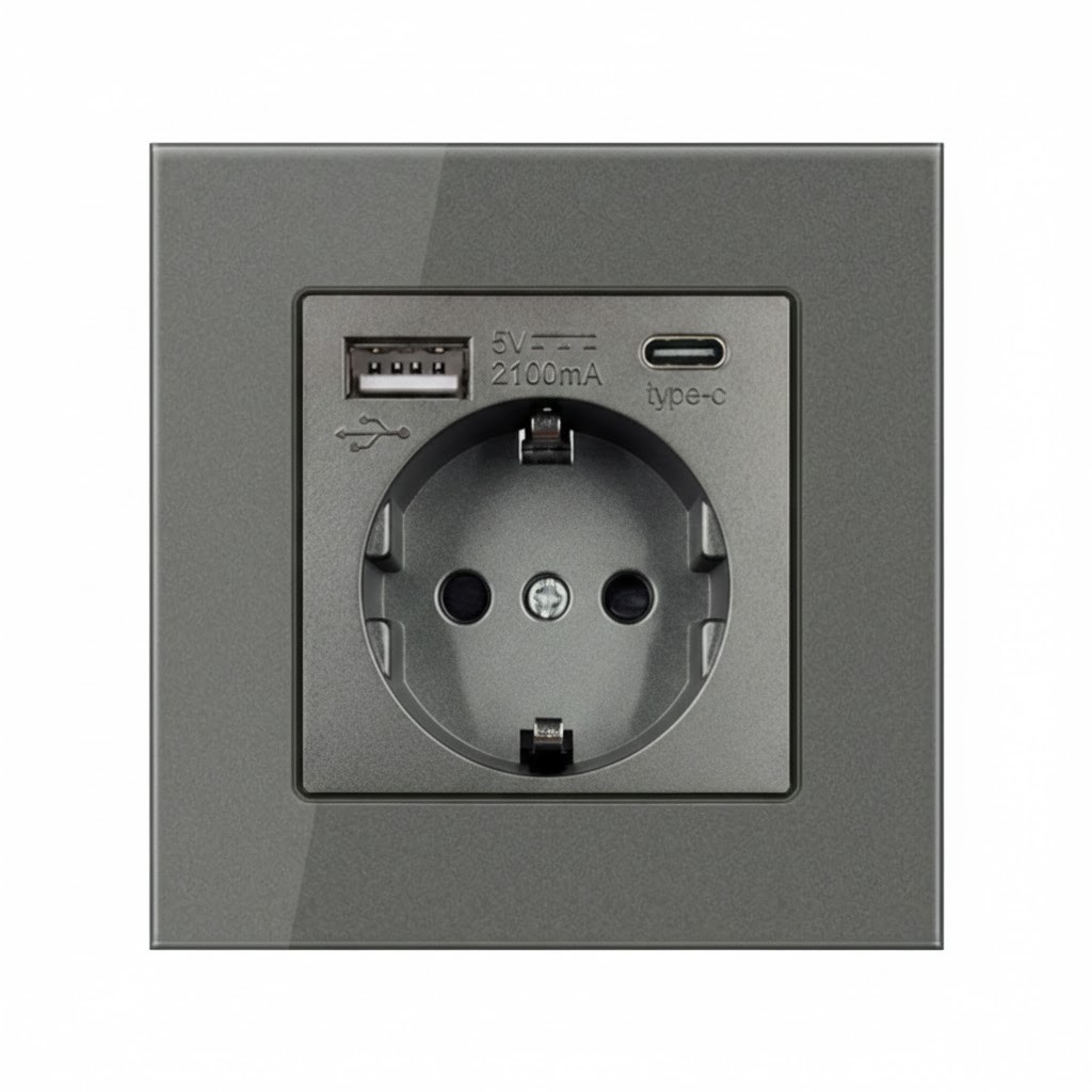 Розетка з USB-A + Type-C EIOMR, темно сіра матова, європейський стандарт, 16A