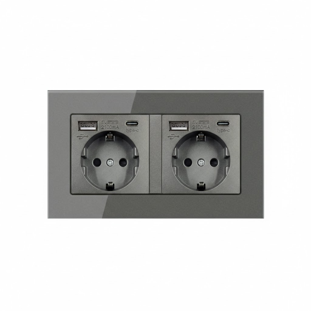 Розетка подвійна з двома USB-A + два порти Type-C EIOMR, темно сіра матова, європейський стандарт, 16A