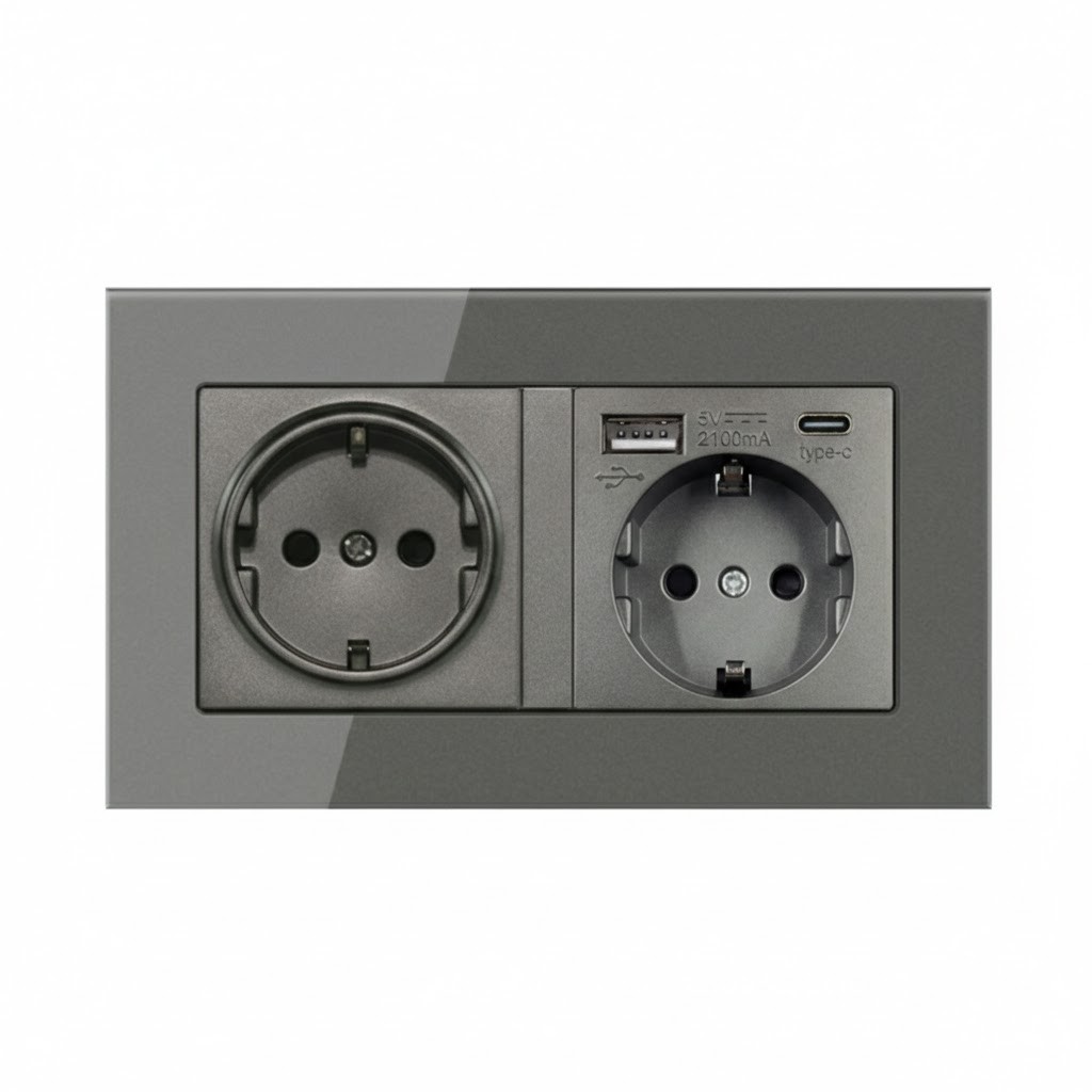 Розетка подвійна з USB-A + Type-C EIOMR, темно сіра матова, європейський стандарт, 16A