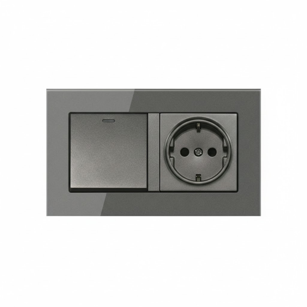 Розетка з вимикачем світла EIOMR, темно сіра матова, європейський стандарт, 16A