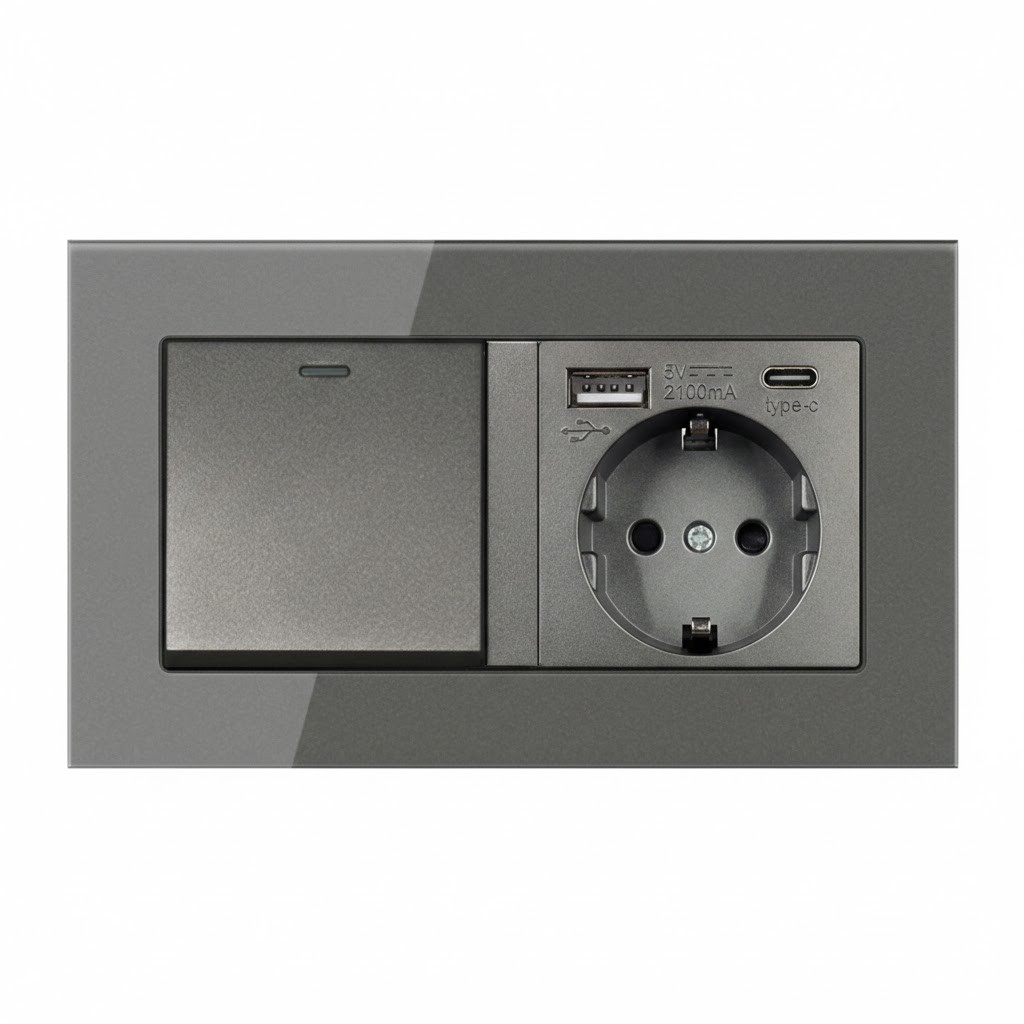 Розетка з вимикачем світла з USB-A + Type-C EIOMR, темно сіра матова, європейський стандарт, 16A