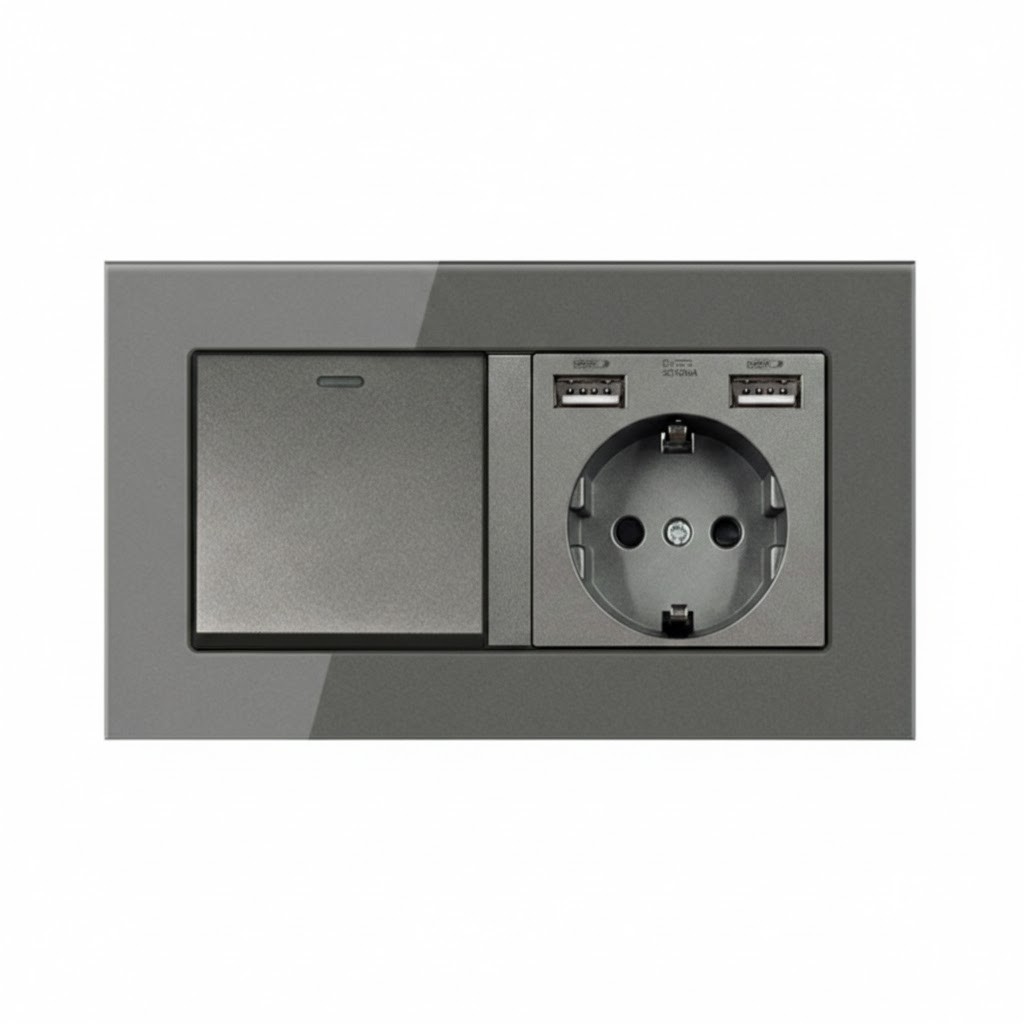 Розетка з вимикачем світла з двома портами USB-A EIOMR, темно сіра матова, європейський стандарт, 16A