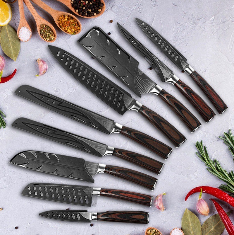 9 ножів з дамаської сталі з лазерним візерунком