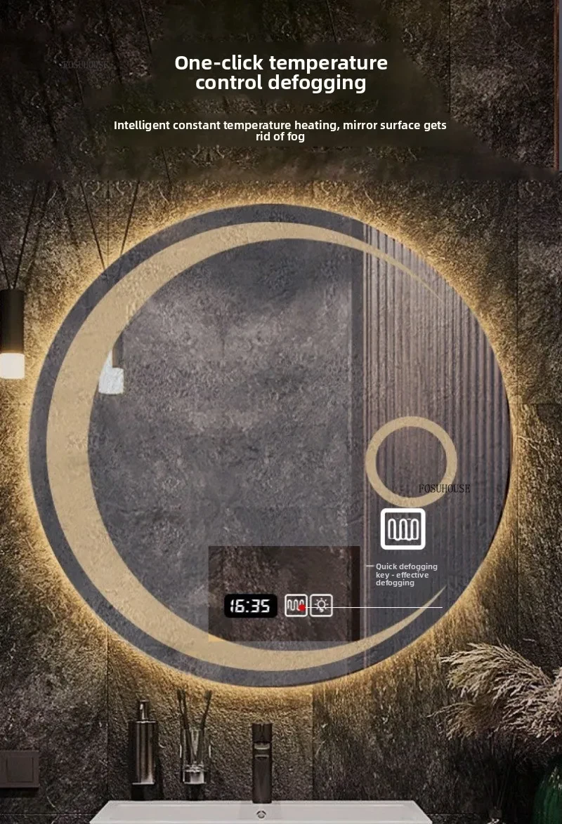 Розумне LED дзеркало Moon Round 60 см | Anti-Fog | Дротовий вимикач | Тепле світло | Bluetooth | Годинник та температура