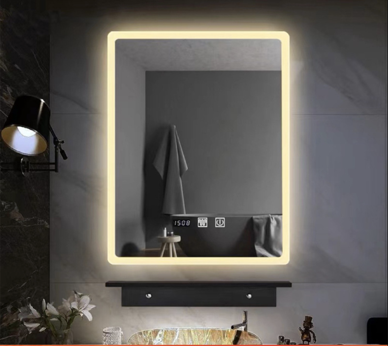 LED дзеркало у ванну прямокутне 70×90 см | Тепле світло | Один сенсор | Плавне регулювання яскравості