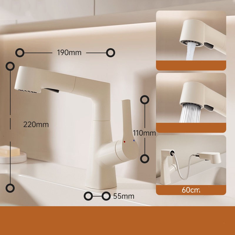 Змішувач для умивальника висувний TONG-1004, латунь, підйомний, 2 режими, білий без висувного шлангу