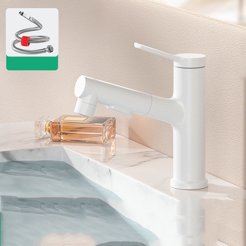 Змішувач для умивальника P1401, латунний корпус, 3 виходи (під фільтр), висувний, білий