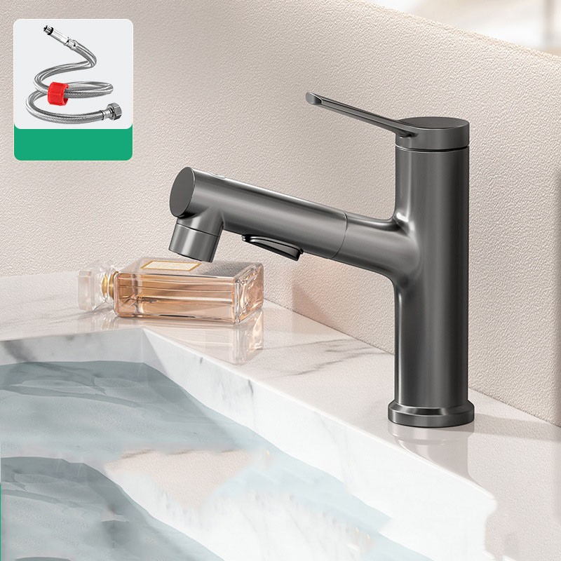 Змішувач для умивальника P1401, латунний корпус, 3 виходи (під фільтр), висувний, gunmetal (сірий метал)