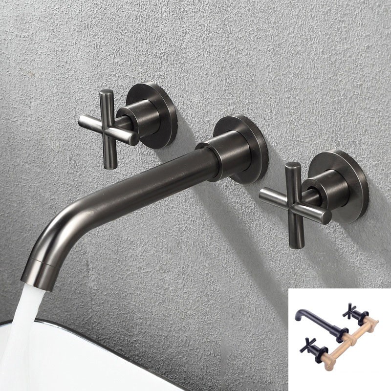 Вбудований змішувач для умивальника настінний, латунний, хрестові ручки