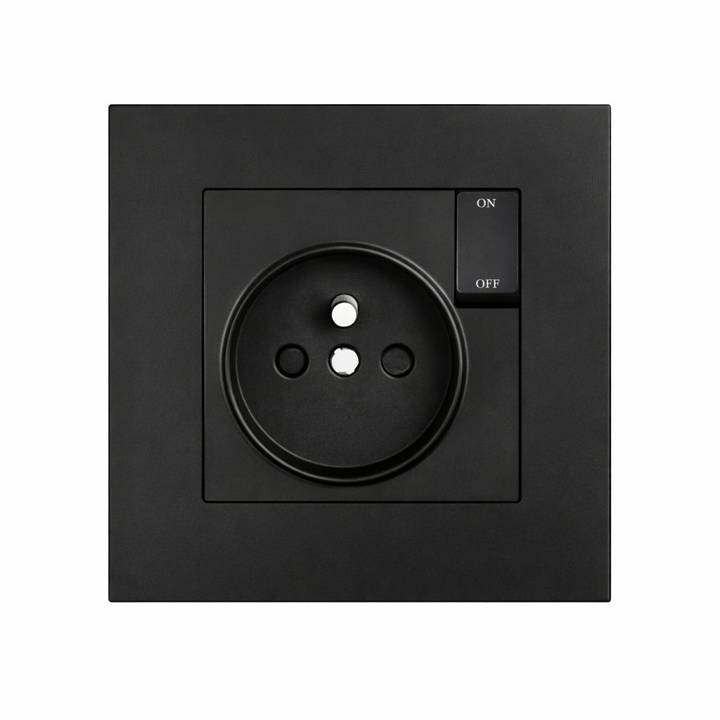Розетка з вбудованим вимикачем EIOMR, чорна матова, європейський стандарт, 16A