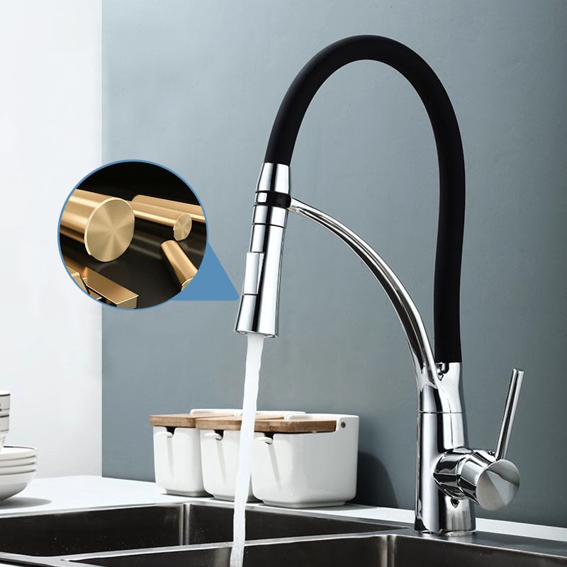 Кухонний змішувач YP-272 висувний, латунний корпус, чорний гнучкий гусак