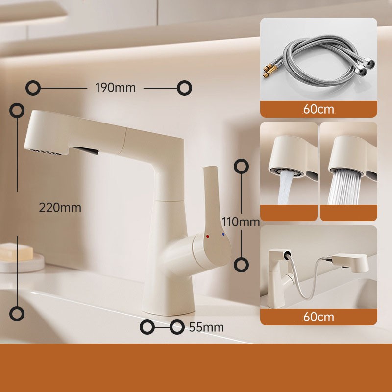 Змішувач для умивальника висувний TONG-1004, латунь, підйомний, 2 режими, білий + висувний шланг 60 см