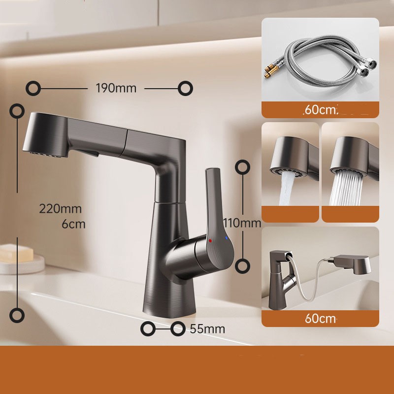 Змішувач для умивальника висувний TONG-1004, латунь, підйомний, 2 режими, темно-сірий + висувний шланг 60 см