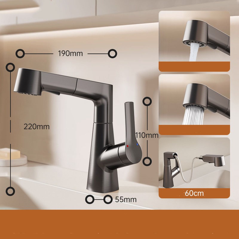 Змішувач для умивальника висувний TONG-1004, латунь, підйомний, 2 режими, темно-сірий без висувного шлангу