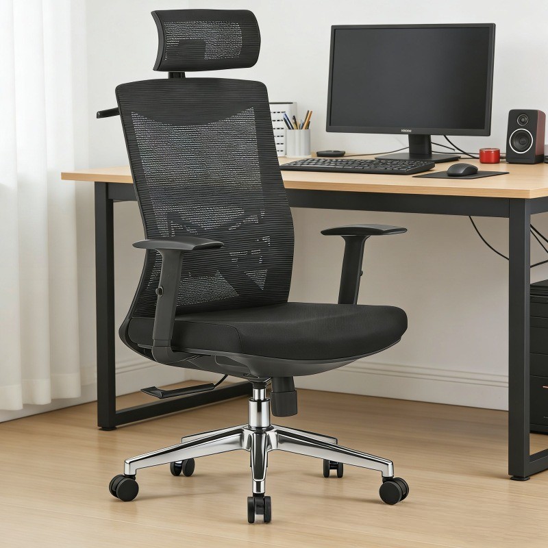 Ергономічне офісне крісло з підголівником, сітчаста спинка, регулювання висоти, сталеві ніжки