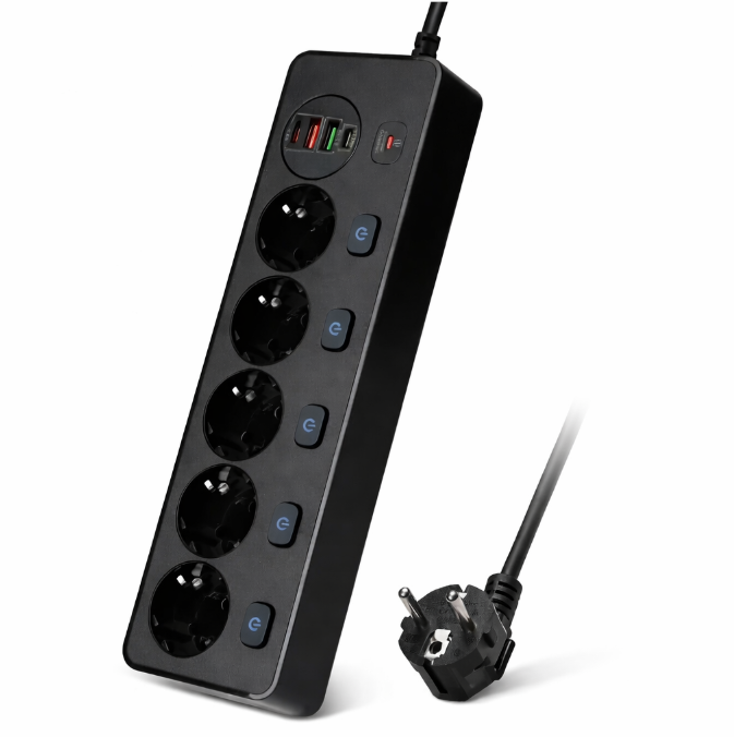 Мережевий фільтр-подовжувач на 5 розеток з USB та швидкою зарядкою PD20W, чорний