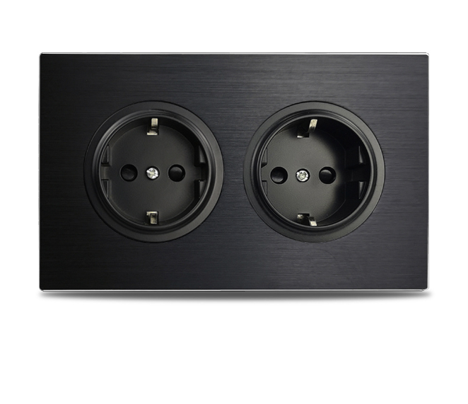 Алюмінієва подвійна європейська розетка, 110-250V 16A, чорна