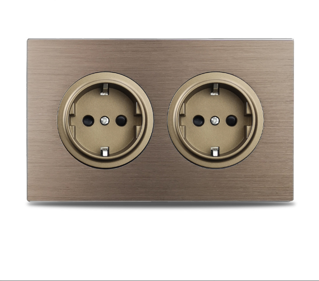 Алюмінієва подвійна європейська розетка, 110-250V 16A, коричнева