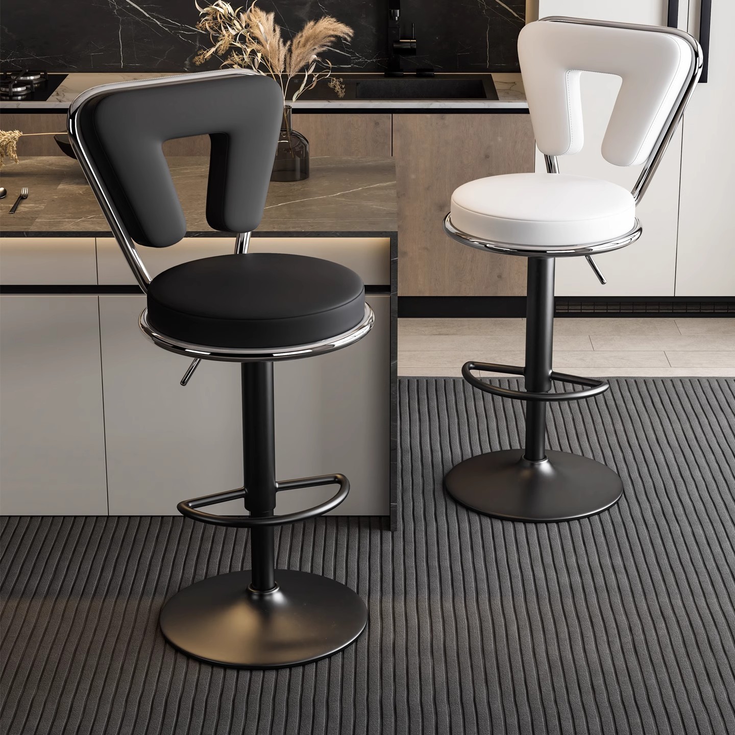 Барний стілець з м’яким сидінням, поворотний, металевий каркас