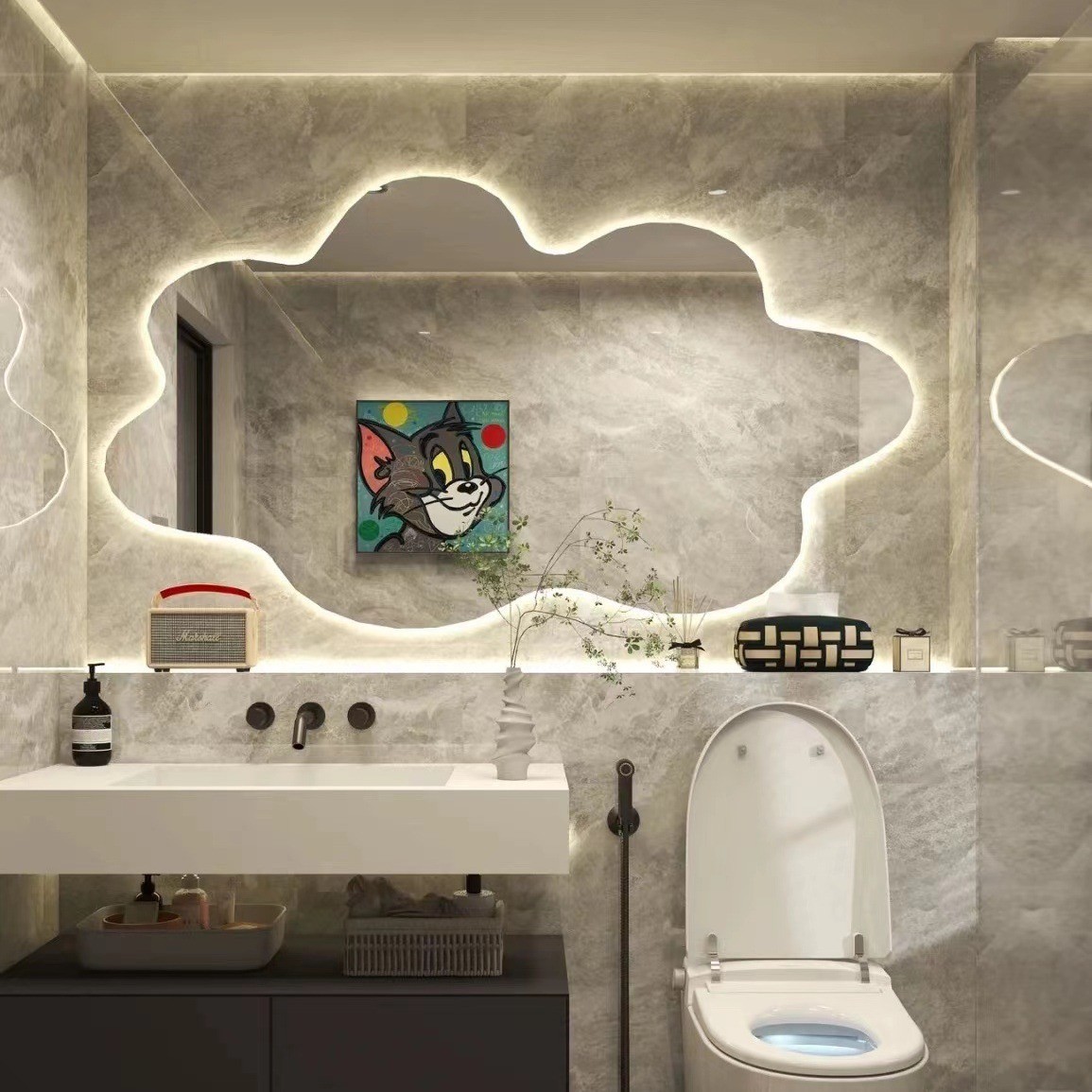 Фігурне LED дзеркало «Хмара» у ванну 70-90 см | Одноколірне світло | Антизапотівання