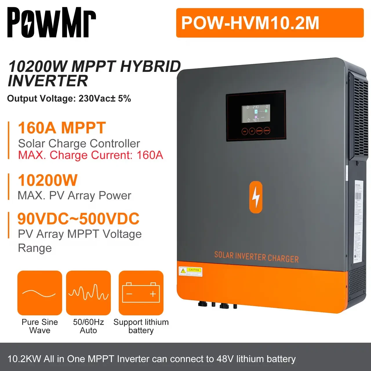 Гібридний сонячний інвертор PowMr 10.2 kW Off-Grid з MPPT (All-in-One)