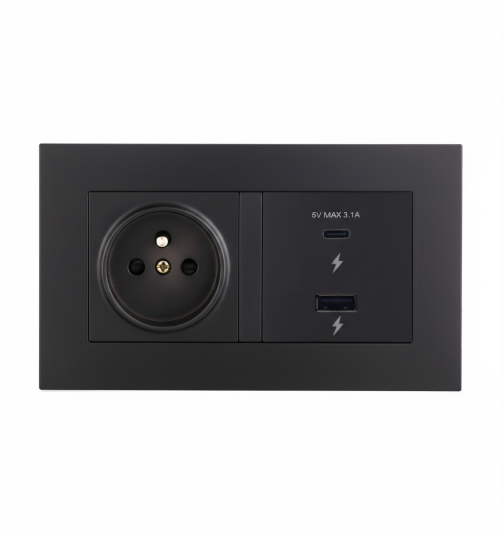 Розетка з окремими портами USB-A + Type-C EIOMR, чорна матова, європейський стандарт, 16A